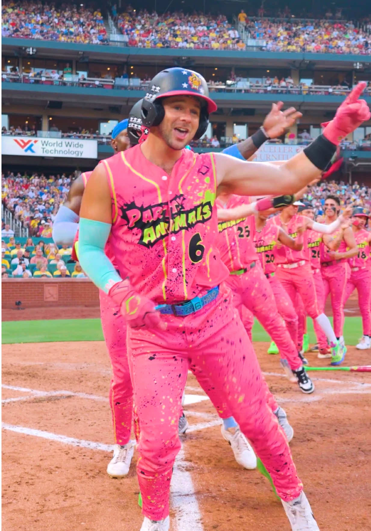 A post by @theofficialpartyanimals on TikTok caption: Well that’s one way to take your base 🤷‍♂️ @Reece  #partyanimals #conga #dance #MLB #funny #viral #trending #baseball 