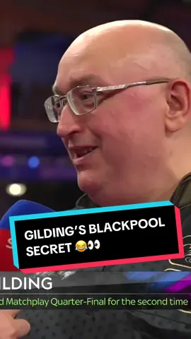 A post by @officialpdcdarts on TikTok caption: Andrew Gilding reveals the secret to his Blackpool success 👀😂