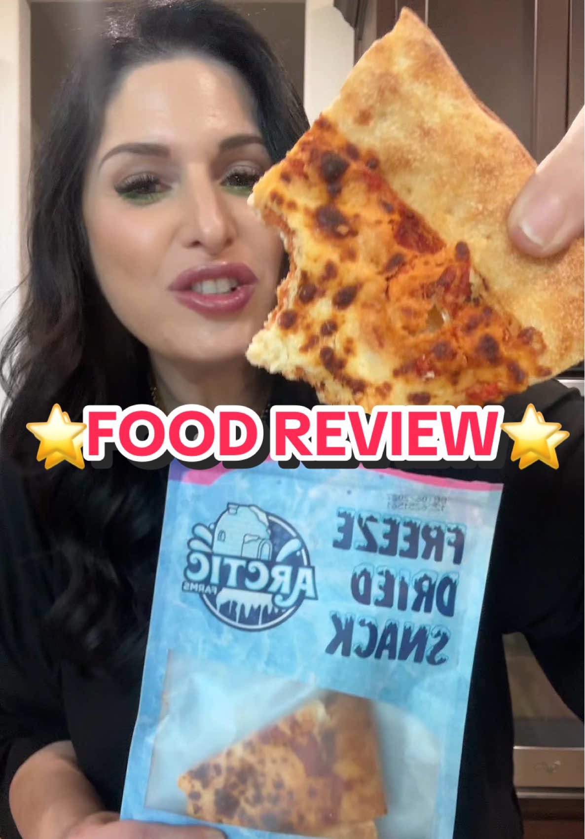 A post by @cookiterica on TikTok caption: ⭐️FOOD REVIEW⭐️ FREEZE DRIED PIZZA #tiktokcreatorpicks #freezedried #pizza #protein #cottagecheese #pickles 