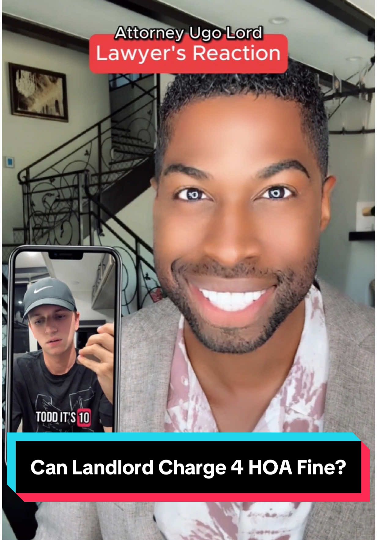 A post by @ugolord on TikTok caption: Replying to @user323661949052 Landlord Hit with HOA Fine—Tenant Says ‘Not My Problem!’ Can He Really Charge Her the Fine? Attorney #UgoLord reacts! #lawyer #TikTokPartner #TikTokLearningCampaign #stitch with  @Ai Mad Libs 