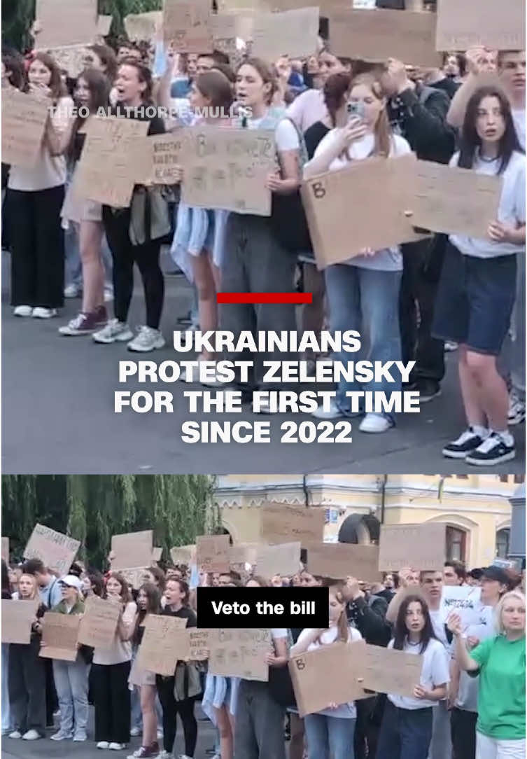 A post by @cnn on TikTok caption: Hundreds took to the streets after Ukrainian President Volodymyr Zelensky signed a new law limiting the autonomy of anti-corruption agencies in his government. #CNN #News 