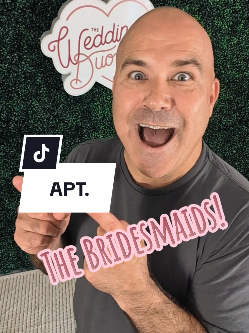 A post by @weddingduo on TikTok caption: Wait for my new favorite bridesmaid entrance song!! 🎶 #weddingduo #bridesmaids #introsong #apt #weddingpartyintro #weddingintrosong 