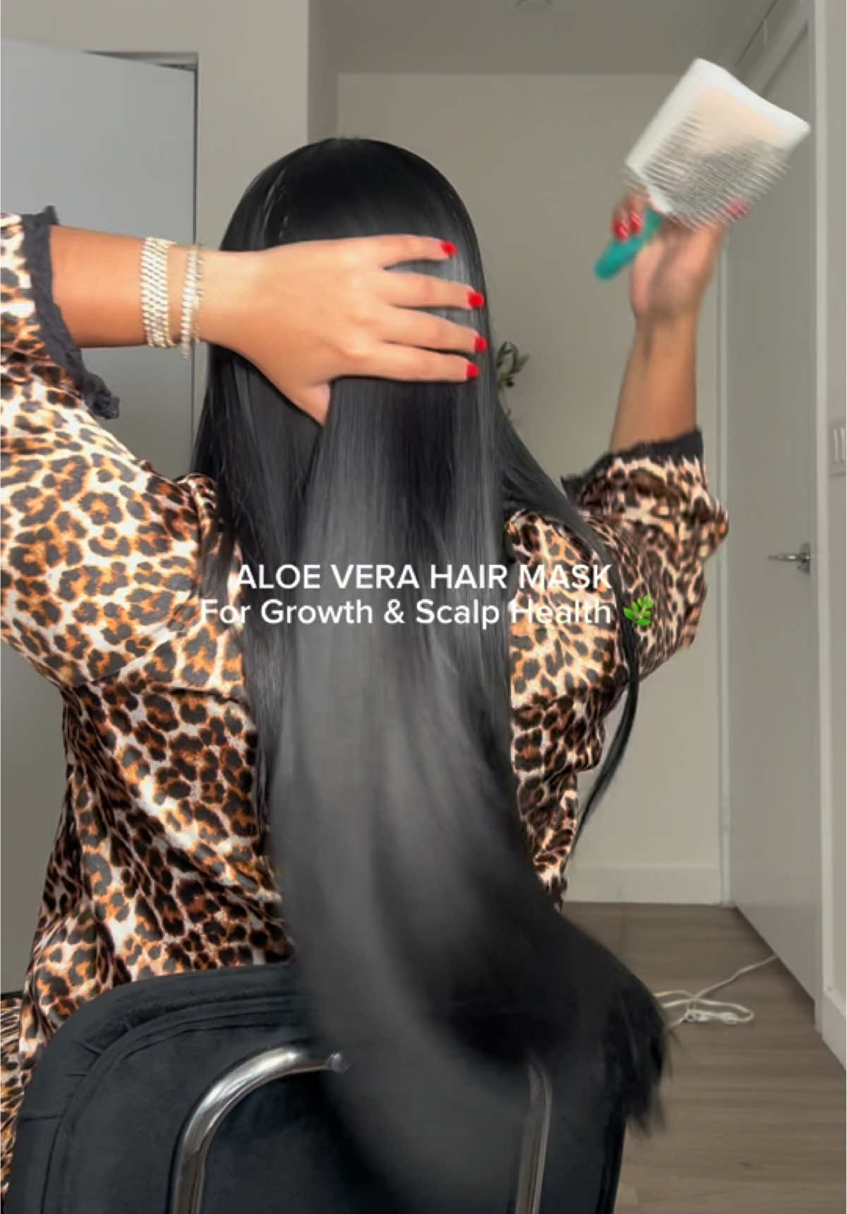 A post by @ on TikTok caption: Aloe Vera Hair Mask for Growth & Scalp Health 🌿✨ How to make it: 1/2 aloe vera gel – soothes the scalp and deeply hydrates dry strands 1 tbsp castor oil – encourages hair growth + strengthens roots A few drops peppermint oil – unclogs follicles + stimulates the scalp A few drops lavender oil – calms irritation + adds a relaxing scent 1 tbsp coconut oil – nourishes + helps reduce breakage 1 tbsp jojoba oil – balances scalp moisture and adds softness Blend until smooth, apply all over the scalp and hair, massage in, leave on for 30–45 minutes then rinse before shampooing + conditioning. ✨ Use 2–4 times a month for healthy growth and a balanced scalp. #hairtok #haircare #longhair #healthyhair #shinyhair #hairgrowth #hairgrowthtips 