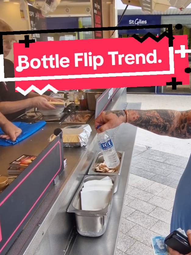 A post by @spudarmy on TikTok caption: If you make the bottle flip you get it for free.. #Spudman #trend #jacketpotato 