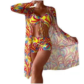 A post by @etykhan3 on TikTok caption: Bikini Pullover Outfit - High-Waisted Geo-Print Bikini & Adjustable Drawstring Top with Lightweight Kimono Cover-Up 