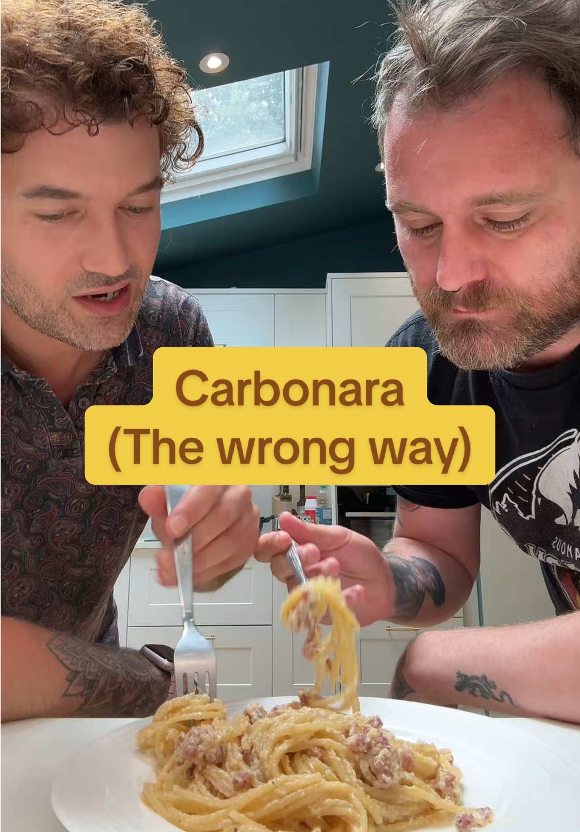 A post by @theitalianfoody on TikTok caption: Replying to @Mason this carbonara is illegal in Italy! (And Blair rated it at the end)