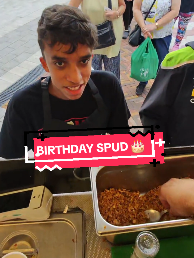 A post by @spudarmy on TikTok caption: A Happy Birthday Jacket Potato! 🎂 #Tamworth #spudman #freebie 