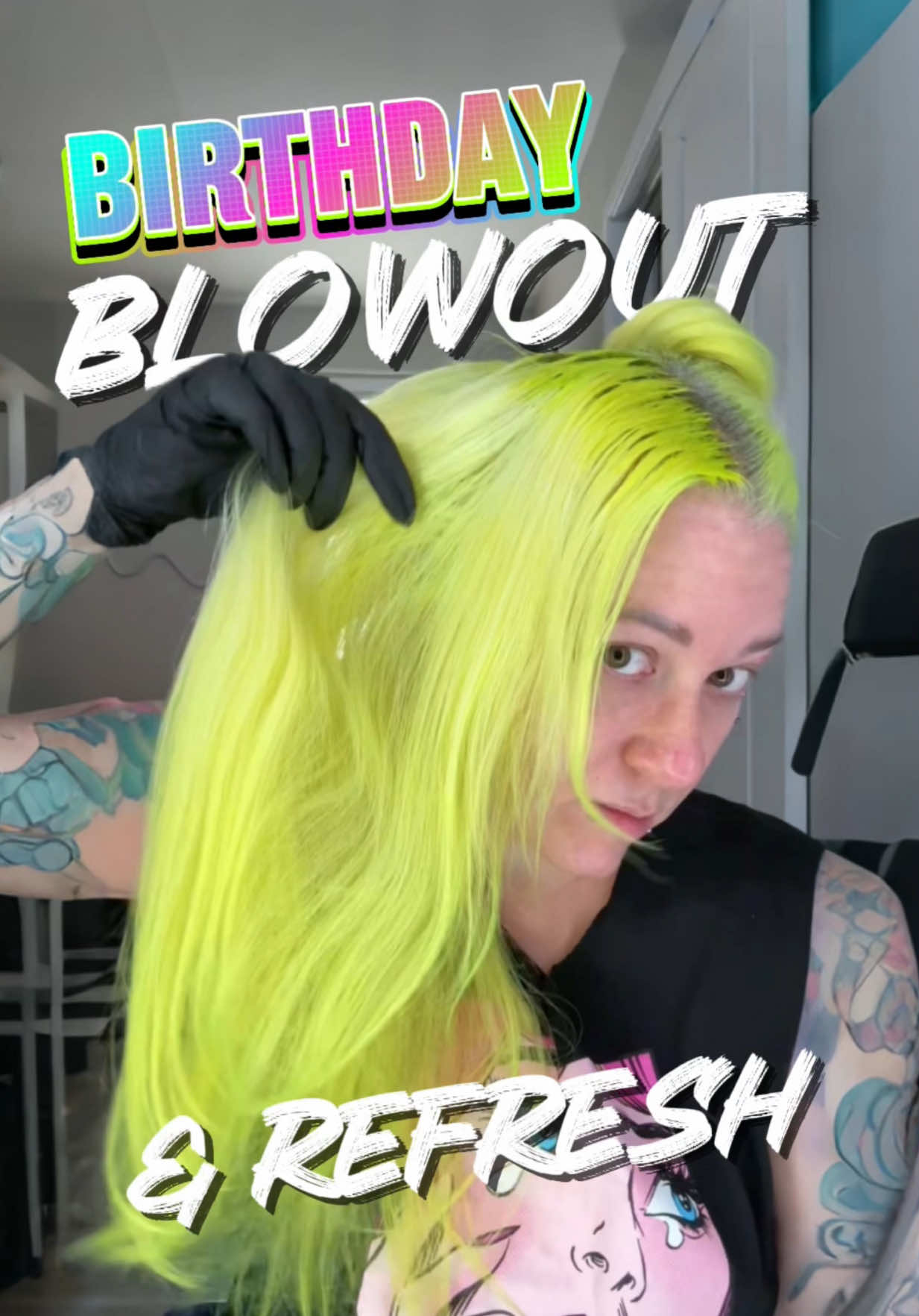 A post by @cryistalchaos on TikTok caption: Im a girl who likes to prep. So making sure my color was fresh and my blowout was perfect was a given before my birthday.  My must haves for this routine: @amika frizz me not.  @Matrix glow mania line  @Shark Beauty flex style  @chromadaddy color  Everything can be found on my website!! #indyhairstylist #hairstylistsoftiktok #colorrefresh #neonhair #perfectblowout #blowoututorial #hairtoks 