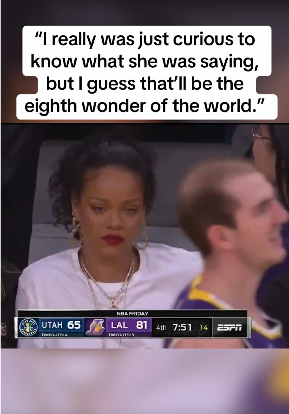 A post by @espn on TikTok caption: When Alex Caruso acknowledged the meme 🤣 We need to know if he even found out what Rihanna said 👀 (via @ESPN Los Angeles) #nba #sebasklinkert #music #rihanna 