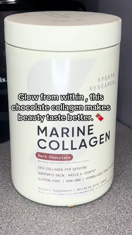 A post by @auntiebougie on TikTok caption: If you’ve been chasing glowing skin, stronger nails, and healthier joints, this is your sign to switch to marine collagen. This dark chocolate formula by Sports Research delivers 10g of hydrolyzed Type I & III collagen per serving in the most delicious way possible. It’s gluten-free, non-GMO, and easy to mix into your smoothies, coffee, or even hot water. ✨ Real results. Radiant skin. No fishy taste. Level up your beauty routine with every sip.