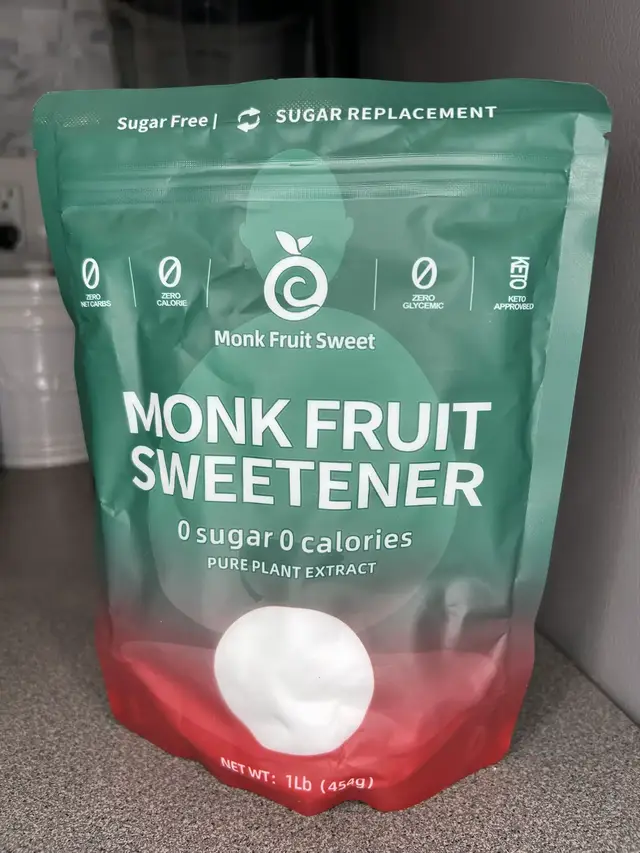 A post by @auntiebougie on TikTok caption: Looking for a healthy sugar substitute? 👀 I’ve officially made the switch to this Monk Fruit Sweetener and I’m obsessed! 🧁🍃 ✅ Zero calories ✅ Zero net carbs ✅ Zero glycemic impact ✅ Pure plant extract ✅ Keto-approved & diabetic-friendly