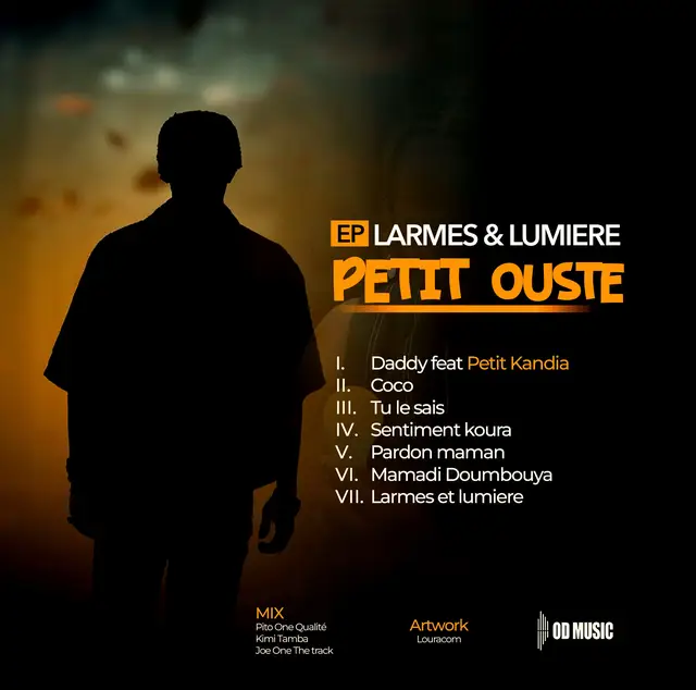 A post by @petitouste3 on TikTok caption: 🎉 Je vous dévoile enfin la tracklist du EP Larmes & Lumière ! J’ai vraiment hâte que vous puissiez le découvrir dès demain en musique 🎶✨. Un projet rempli d’émotions, de vérité et de lumière 🔥💧🌟. Un immense merci aux talentueux beatmakers qui ont contribué à donner vie à ce projet : 🎧 Pito One Qualité  🎛️ Kimi Tamba  🎹 Joe One The Track Vous avez fait un travail incroyable 🙏❤️ #LarmesEtLumière #PetitOuste #SortieEP #TracklistReveal #BeatmakersGuinéens
