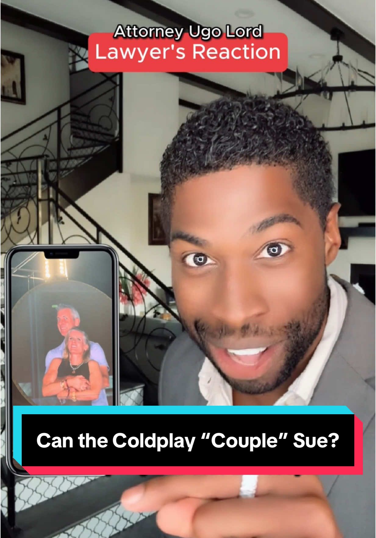 A post by @ugolord on TikTok caption: Replying to @Z-Arcenix Coldplay Concert Couple Exposed on Jumbotron—Can They Sue for Ruining Their Lives? Attorney #UgoLord reacts! #lawyer #TikTokPartner #TikTokLearningCampaign #coldplay #stitch with  @grace 