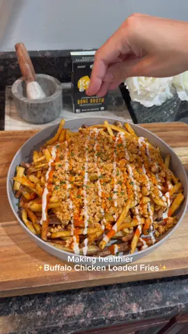 A post by @benjixavier on TikTok caption: 🍗🔥 Lighter Buffalo Chicken Loaded Fries 🍟💪 If spicy, crispy, and protein-packed is your love language… this one’s for you 👇 These buffalo chicken loaded fries are everything: high-volume, macro-friendly, and  crave-worthy …without the grease overload. Perfect for game day, meal prep, or a weeknight fix. ✨Pro tip: I used @Kettle & Fire Shop bone broth for added flavor + protein. You can grab it on my TikTok storefront  Ingredients (makes 4 servings): 🥔 Fries 	•	2 russet potatoes, cut into fries 	•	1 tsp garlic powder 🧄 	•	1 tsp onion powder 🧅 	•	1 tsp paprika 🌶 	•	1 tsp black pepper 	•	1/2 tsp salt 🧂 ➡️ Bake or air fry at 400°F for 20–25 min until golden & crispy 🍗 Buffalo Chicken 	•	1 lb lean ground chicken 	•	1/4 cup +Kettle & Fire Bone Broth (linked in my storefront!) 	•	1 tsp chicken bouillon 	•	1 tsp garlic powder 	•	1 tsp onion powder 	•	1 tsp paprika 	•	1 tsp black pepper 	•	1/2 tsp salt 	•	1/3 cup buffalo sauce (add more if you’re bold 🔥) Top your crispy fries with the buffalo chicken, drizzle with more buffalo or ranch, and dive in! 😍 Macros (per serving): 🧬 Calories: 288 💪 Protein: 26g 🍟 Carbs: 22g 🥑 Fat: 12g