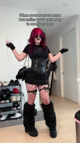 A post by @swaggy_cucumber on TikTok caption: I rarely dress like this when I actually leave the house😭 #goth #gothic #alternative #relatable 