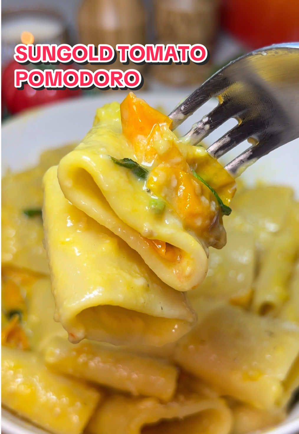 A post by @heresyourbite on TikTok caption: Sungold Pomodoro 🌞 A silky, jammy summer pasta you’ll want on repeat Ingredients below — full recipe in my bio! 1 lb Schiaffoni pasta 3–4 tbsp good olive oil 1 small shallot, finely diced (optional but recommended) 6 garlic cloves, lightly smashed and peeled 2 pints (20 oz) Sungold tomatoes, washed and halved Salt and black pepper, to taste 1–2 tsp Calabrian chili paste or red pepper flakes (optional, to taste) @Bono Extra Virgin Olive Oil  1/4 cup dry white wine (sav blanc or pinot grigio) 4 tbsp unsalted butter, to taste 1/2 – 1 cup finely grated Parmesan (plus more for garnish) Handful of fresh basil leaves, torn 3/4–1 cup reserved pasta water #pomodoro #sungold #sungoldtomatoes #pasta #simplerecipe #italianfood #italianpasta #EasyRecipes #Summer #summertomatoes #simplemeals #dinner #fresh #summerrecipes #pastatok 