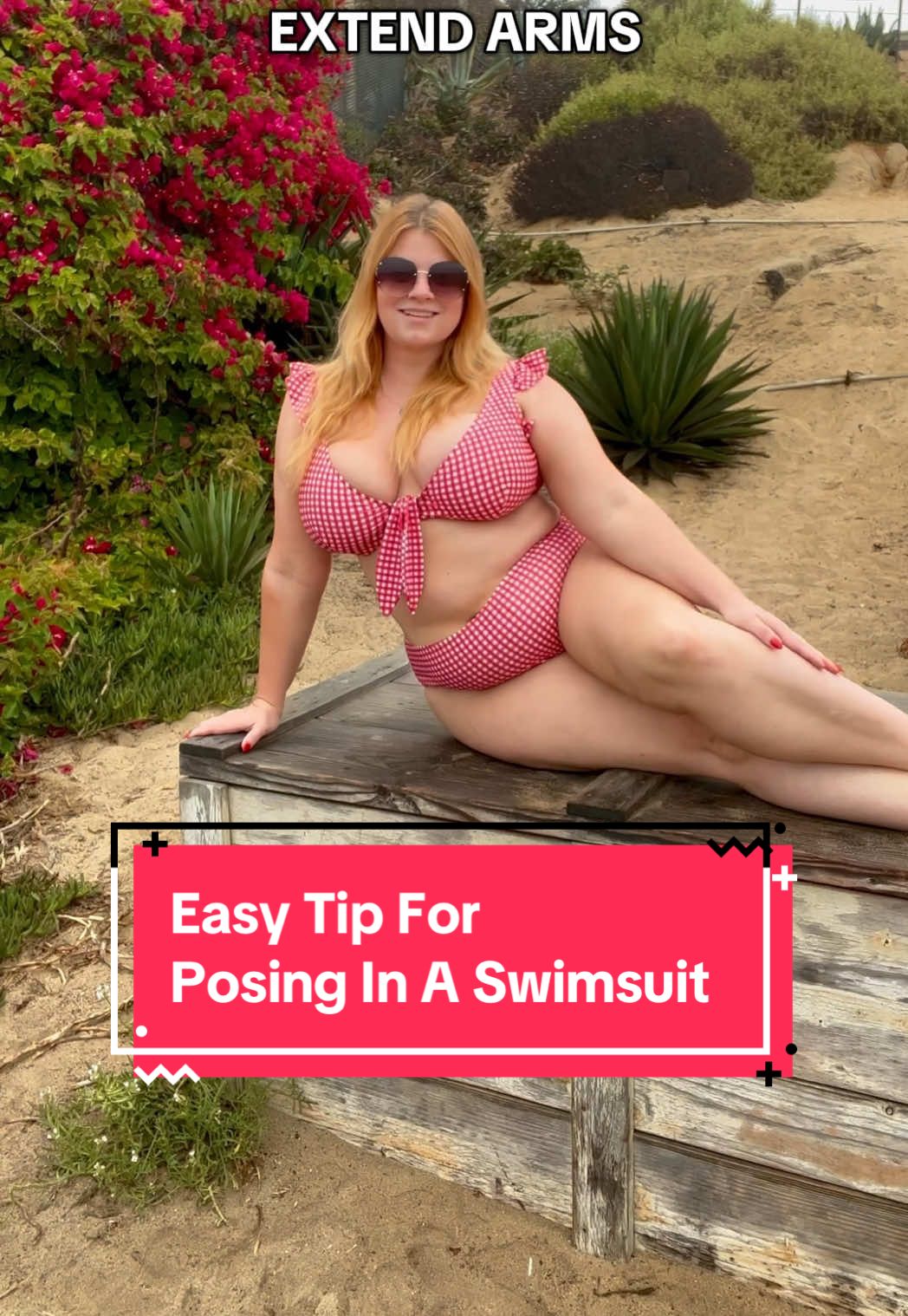 A post by @lookgoodinphotos on TikTok caption: EASY TIP FOR POSING IN SWIMSUIT PHOTOS 📸 Sitting poses can be surprisingly tough. It’s easy for your body to look more compressed or wider than it actually is. Now throw on a swimsuit, and every detail feels extra exposed. That’s why I love this pose. It naturally creates longer lines and brings a sense of ease to your body. Try it for yourself… ✅ Instead of sitting on your rear, shift your weight to one hip. ✅ Extend your bottom leg. ✅ Bend your top leg. ✅ Extend your arms. WANT MORE POSING IDEAS? ➡️ Comment SUMMER and I'll send you the details for my Summer Posing Bundle. You'll learn how to master your best angles, confidently pose in swimwear, and take photos that you love on your own terms. As always, SAVE this for your next photoshoot and SHARE this with a friend who will find it helpful! - Christine 💋 - #swimsuitposes #Swimposes #sittingposes  How to pose for sitting photos. How to pose for sitting photos in a swimsuit. Swimsuit pose ideas for women. Summer poses for women. How to pose for vacation photos.