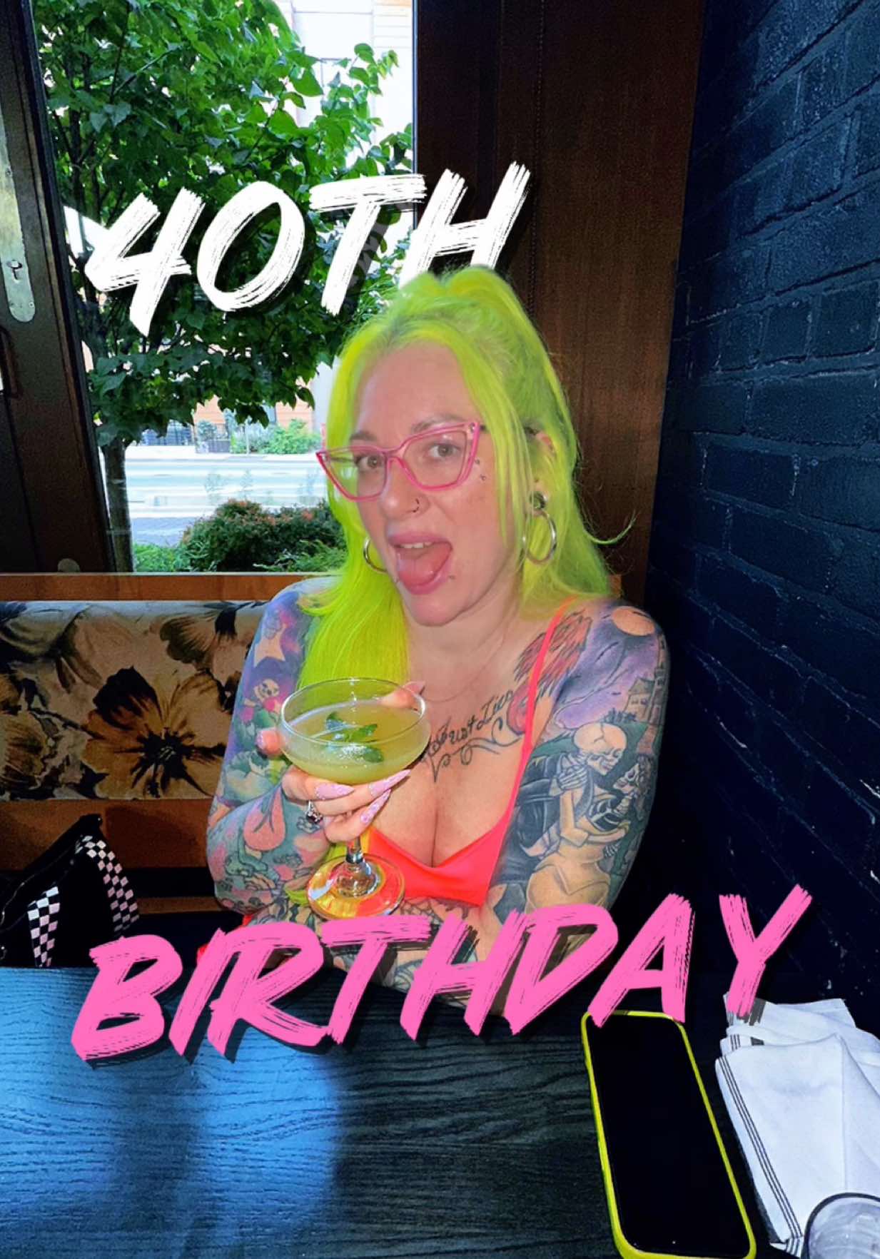 A post by @cryistalchaos on TikTok caption: I’m officially 40. Honestly, it’s weird.  Here’s to Leo szn. Also if you haven’t tried @Ellis Brooklyn you need to thier scents are 10/10! #40thbirthday #neonhair #hairtoks 