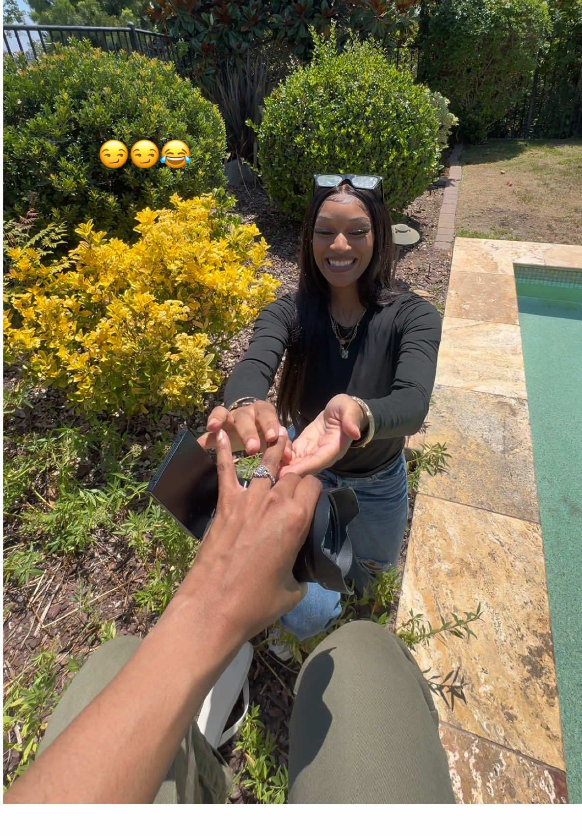 A post by @tatyanajoseph39 on TikTok caption: HAHAHA I love her I cannot😂😂🥹✨ she did technically put a ring on it before him… it was a paper coffee straw ring but it’s the thought that counts right @Sharan ???🙂‍↔️🥹💕 