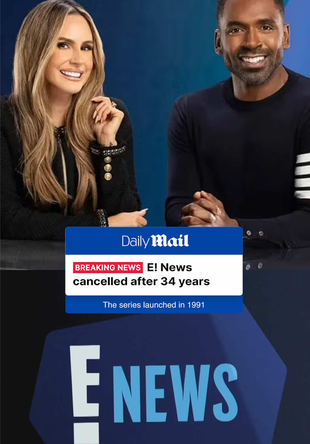 A post by @dailymail on TikTok caption: The nightly celebrity news programme E! News has been cancelled after 34 years on the air. Around 20 staff members working on the programme are affected, with some being offered alternative roles within the company. #enews #cancelled #show #staff #breakingnews #celebrity #news 
