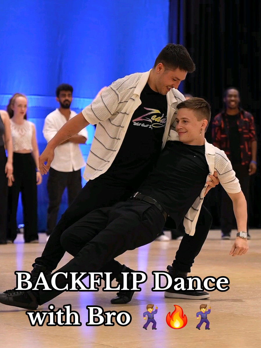 A post by @leolorenzooo on TikTok caption: BACKFLIP Dance with Bro 🕺🔥 So lucky to get to dance with Zac in the competition. Always fun moment 😍 Insta: 🕺@leolorenzooo  🕺@zaddywcs  🎥@wcs.aroundtheworld  💻@makana_media  🏢@libertyswing  Feel free to share 🙏 #dance #dancers #dancer #danse #danseurs 