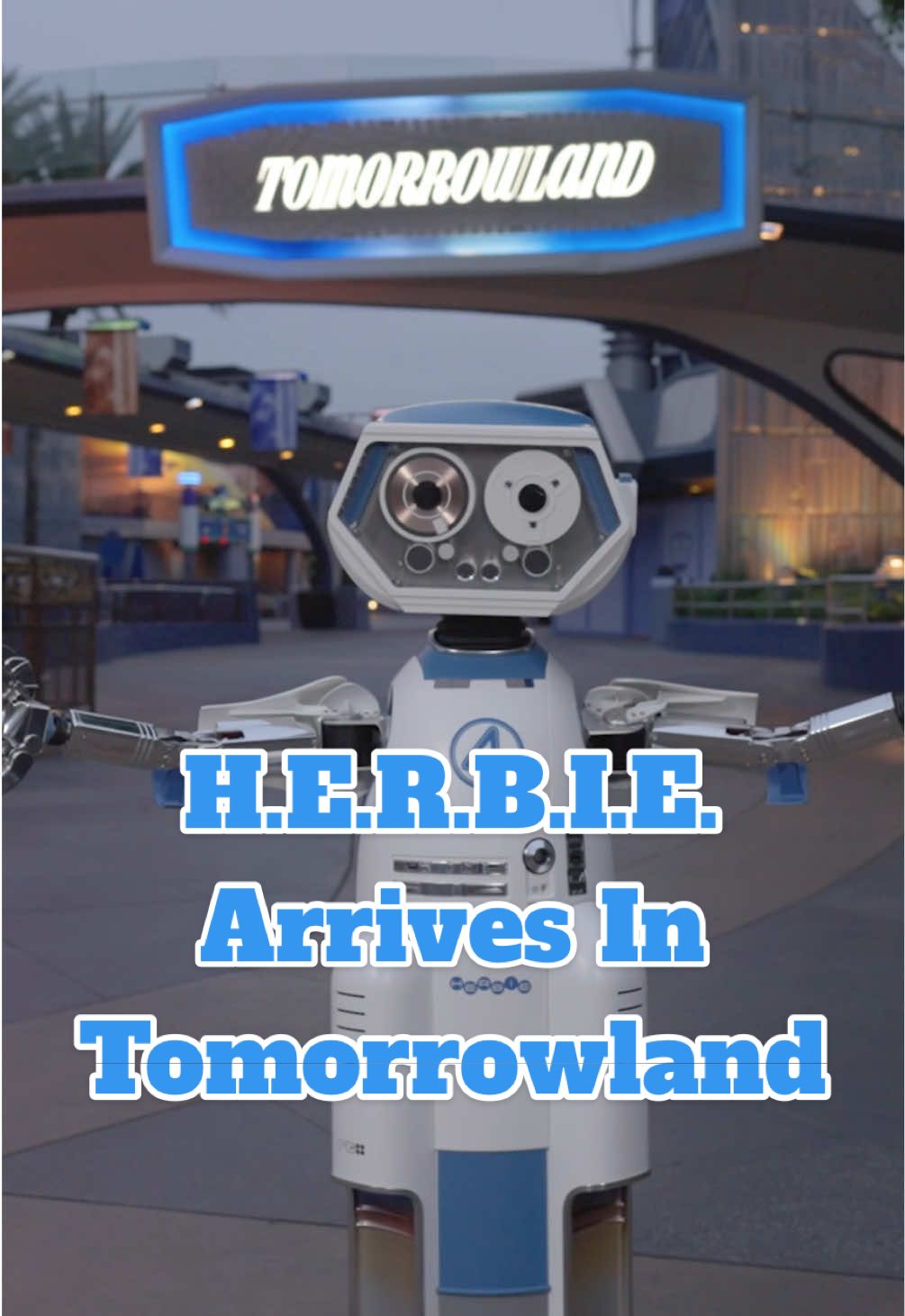 A post by @disneyparks on TikTok caption: H.E.R.B.I.E. has rolled into  #Disneyland for a limited time and is ready to meet all his new friends! 💙 Don’t miss “The Fantastic Four: First Steps” NOW in theaters! #FantasticFour #HERBIE #Tomorrowland 