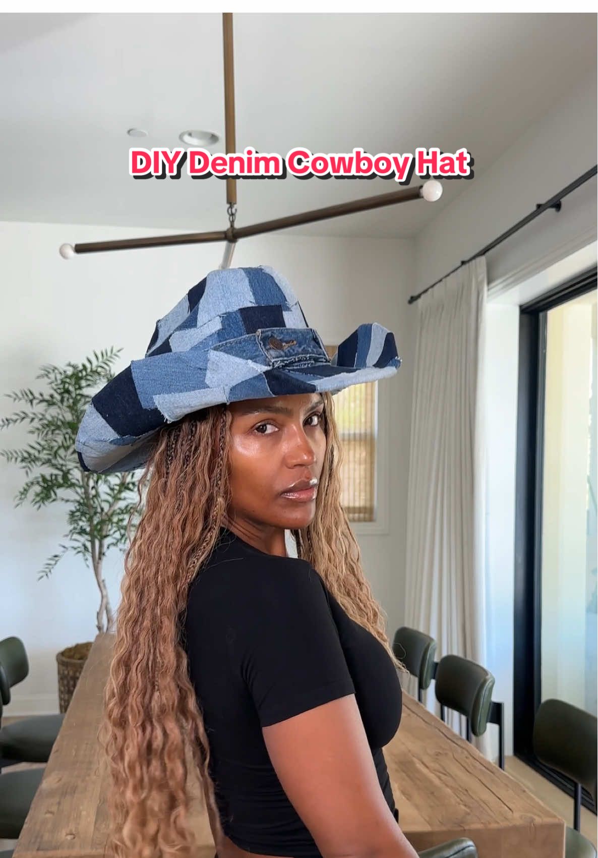 A post by @makeupshayla on TikTok caption: I created a DIY Denim Cowboy Hat for the last night of the Cowboy Carter tour. Let me tell you, this was a project ok, but it turned out soooo good! #DIY #denim #cowboycarter 