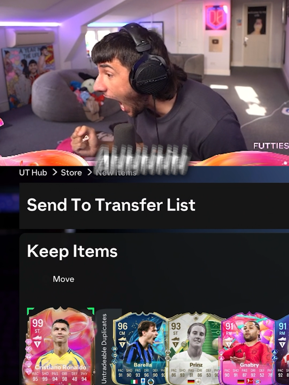 A post by @dannyaaronsfut on TikTok caption: I PACKED 99 FUTTIES RONALDO!!! #foryou #xyzbca #dannyaarons #fc25 #ronaldo 
