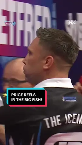 A post by @officialpdcdarts on TikTok caption: PRICE REELS IN THE BIG FISH! 🎣 
