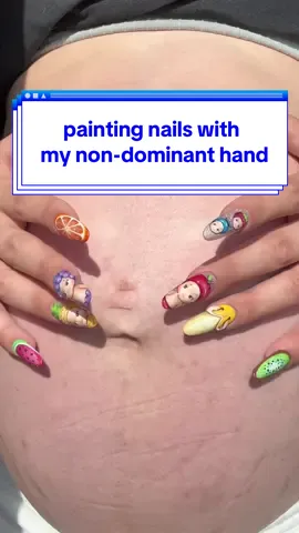 A post by @ballpit_nails on TikTok caption: My toddler challenged me to paint THESE with my non-dominant hand 💅😅 #nailart #fyp #pregnancytiktok #nailinspo 