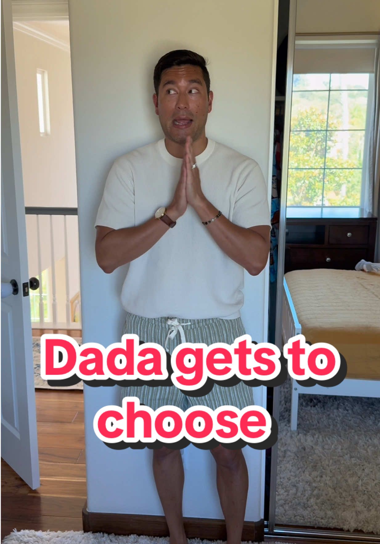 A post by @athomewithbryan on TikTok caption: Shorts and Pants. I wonder how that would look… 🤔 #toddlerfashion #dinneroutfit #choices #dadsoftiktok #athomewithbryan 