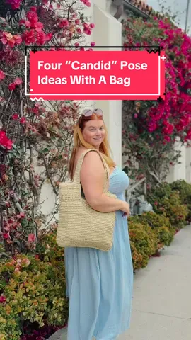 A post by @lookgoodinphotos on TikTok caption: 4 “CANDID” POSE IDEAS WITH A BAG 📸 Want to take “effortless” or candid-style photos? Try out these 4 easy poses. Poses like these are a great alternative if you’re a bit camera shy or tend to freeze up like a statue. They give you something to do which takes the pressure off of trying to find the perfect pose. ✨ POSE ONE: Have your bag on the shoulder closest to the camera and twist back and forth in a repetitive motion, looking back at the camera. ✨ POSE TWO: Bring up your back hand to touch your sunglasses. You can shift your weight back and forth between your legs to keep the pose more candid. ✨ POSE THREE: Open up your bag, lean forward slightly and pretend to search for something. Be sure to. Keep your back flat and not round your shoulders. ✨ POSE FOUR: Swing your bag in a repetitive motion over your shoulder. WANT MORE POSING IDEAS? ➡️ Comment SUMMER and I'll send you the details for my Summer Posing Bundle. You'll learn how to master your best angles, confidently pose in swimwear, and take photos that you love on your own terms. As always, SAVE this for your next photoshoot and SHARE this with a friend who will find it helpful! - Christine 💋 - #candidposes #candidphotos #howtopose  Candid photo trick. Candid photos ideas. Candid photos poses. Candid photo tips. Candid picture ideas. 