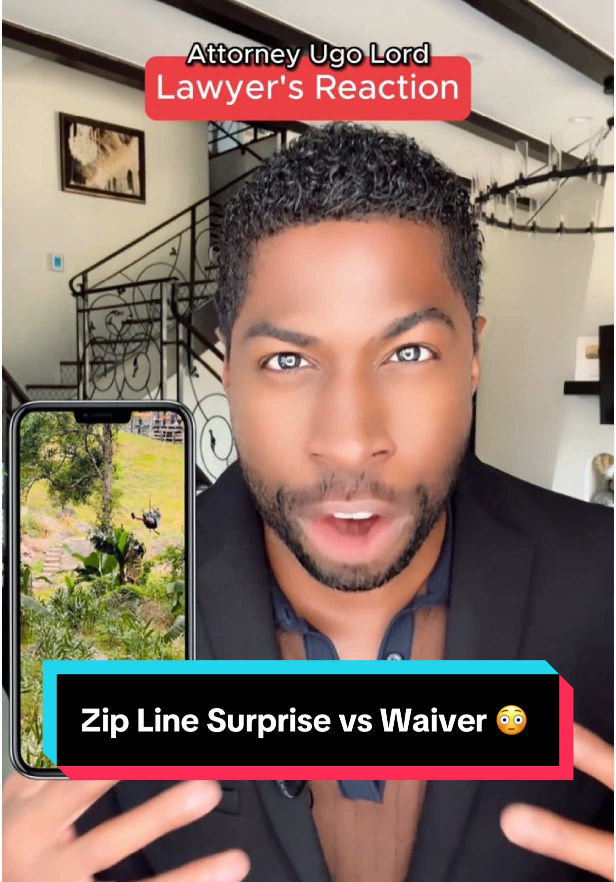 A post by @ugolord on TikTok caption: Replying to @*Gem* He Signed a Waiver to Ride on a Zip Line… But Then THIS Happened. 😲 Is The Waiver He Signed Still Enforceable? Attorney #U#UgoLordeacts! #l#lawyer#TikTokPartner#TikTokLearningCampaign #jet2holidays #stitch with @Zane Fall 
