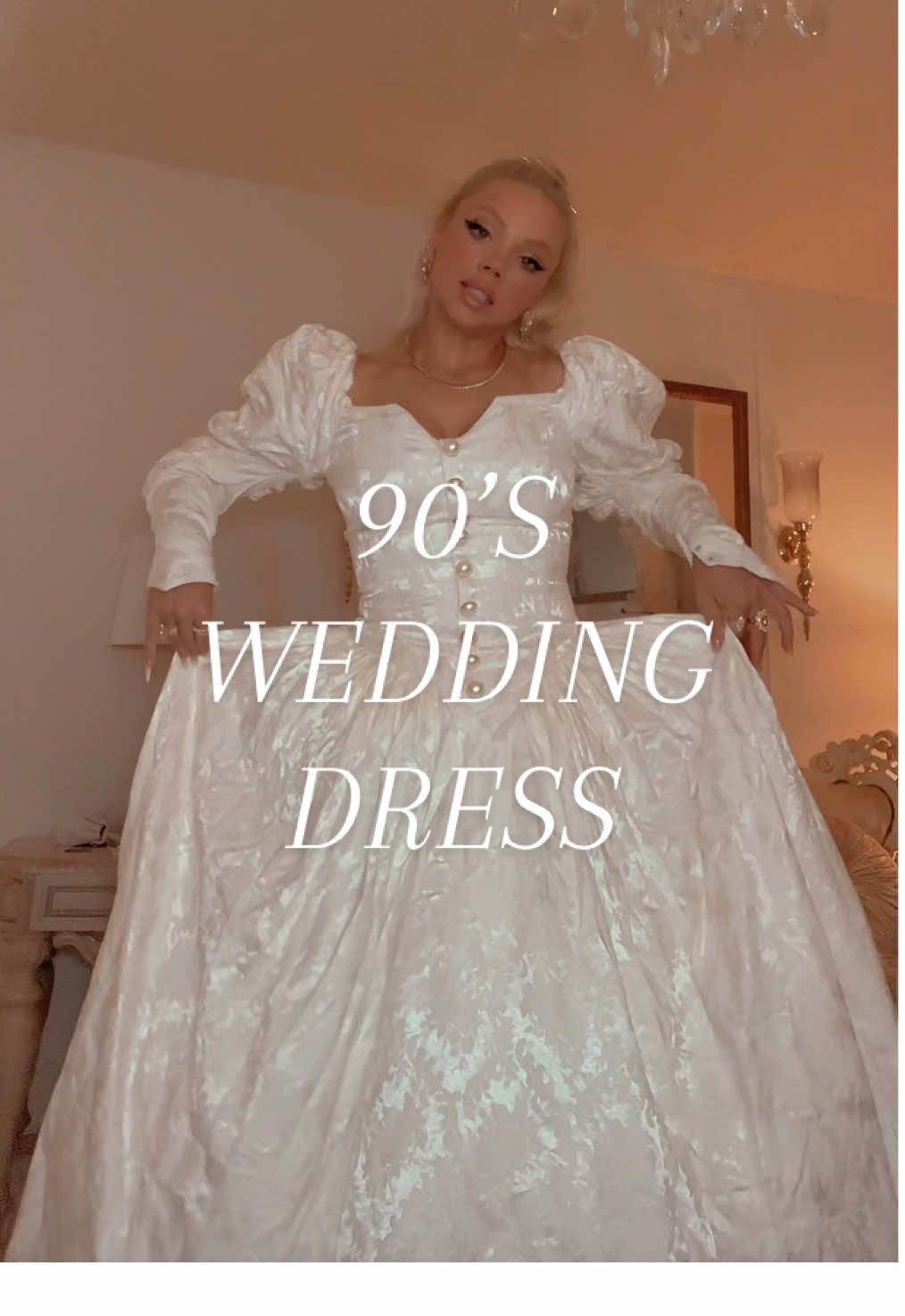 A post by @kayladawncook on TikTok caption: 90s Vintage Wedding Dress #weddingdress #90s #rare #bridal #demetrios @DEMETRIOSBRIDE▪️Wedding Dress 