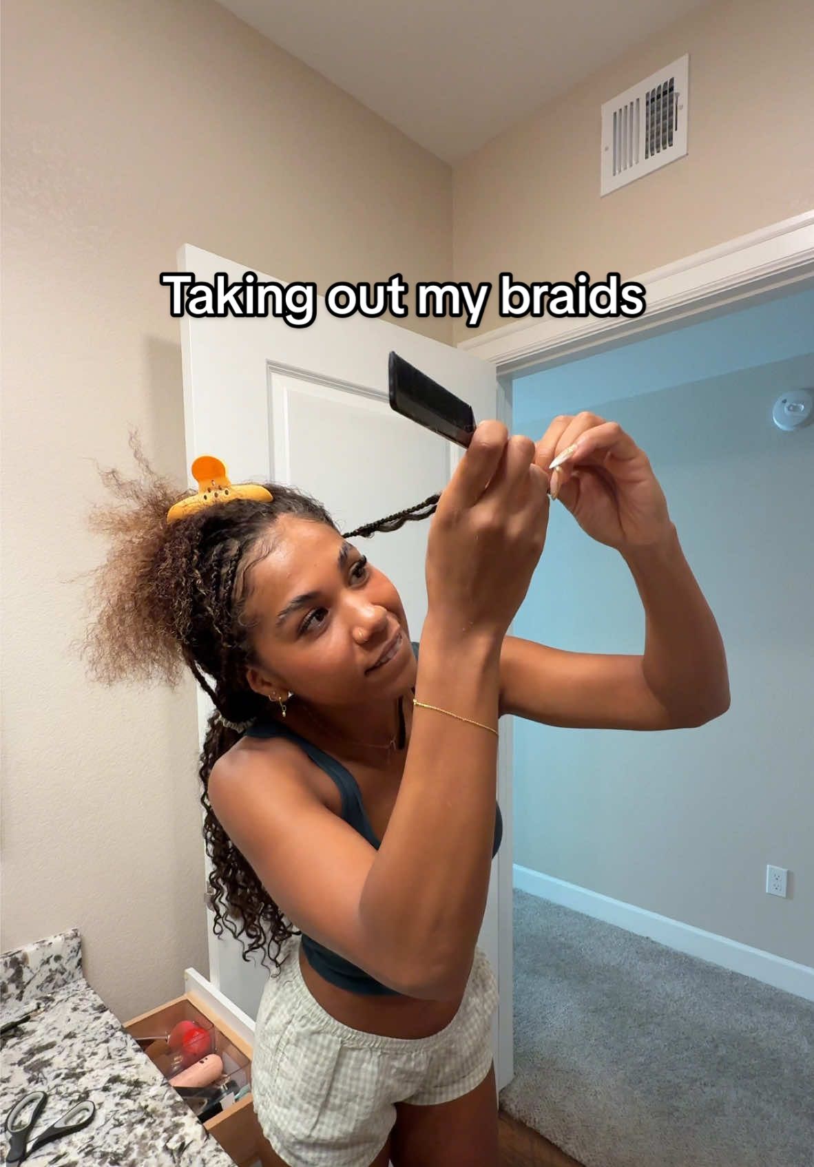 A post by @courtneysarracino on TikTok caption: Take out my braids with meee🧚🏾‍♂️✨🌥️🫶🏾 #braids #fulanibraids #bohobraids #braiding #braids #hairjourney #hairtok #blackhair #protectivehairstyles 