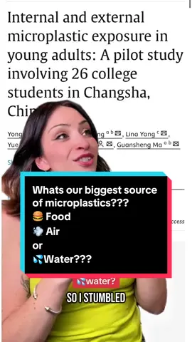 A post by @antiplasticlady on TikTok caption: What percentage of the microplastics in our bodies is from our FOOD, AIR and WATER??? This new study tells us ! ##microplastics##bottledwater