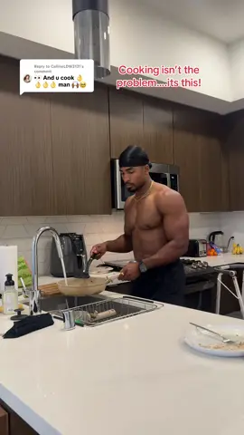 A post by @gainsbygaines on TikTok caption: Replying to @CallmeLDW3131 I wouldn’t mind cooking more if I had someone to clean.  Don’t both makes me just want to call Postmates lol 