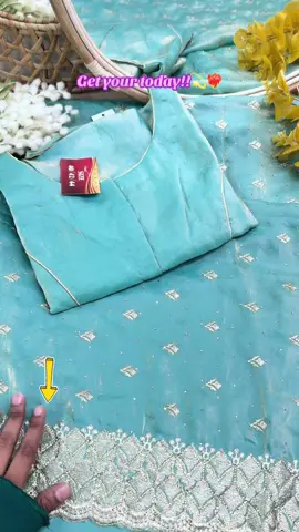 A post by @fabeha_sarees on TikTok caption: FBSR-703 Elegant Saree with All-Over Buttis and Embellished Border in Fandy Satin Drape yourself in timeless beauty with this elegant Fandy Satin fabric saree, adorned with delicate all-over buttis and a richly detailed stone-embellished border. The luxurious shine and intricate craftsmanship make it perfect for festive occasions and wedding celebrations. Paired with a matching blouse featuring coordinated border work on the sleeves and back, this saree is a perfect blend of tradition and sophistication. #fabehafashions #tiktokmademebuyit #foryou #fyp #saree
