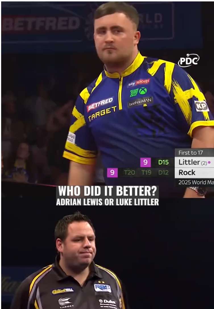 A post by @officialpdcdarts on TikTok caption: WHO DID IT BETTER? 🤷🏻‍♂️ Luke Littler brought out his inner Adrian Lewis last night, giving us one of the best moments in this sport recently!