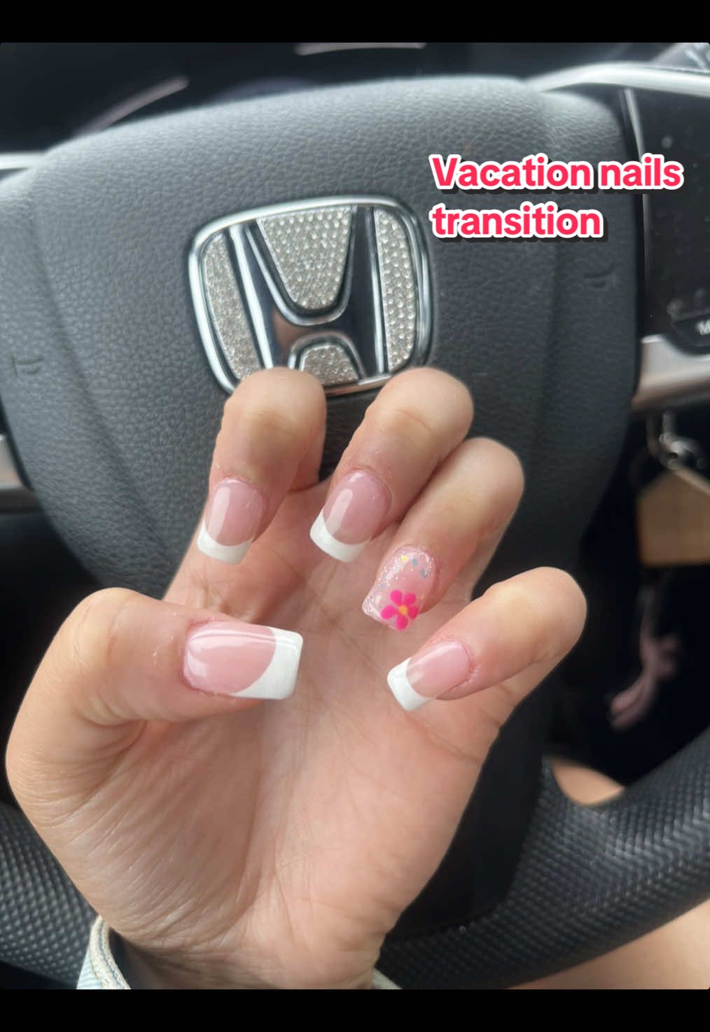 A post by @vibewithnaiiiii on TikTok caption: We love frenchies for vacay 🌺  . . . . . . #nailtransition #transition #nailart #nailsoftiktok #nails #nailtech #nailtok #newnails #nailsalon #nailscheck #fyp #frenchie #frenchtipnails #frenchtipnails #foryou #trending #trends #fy 