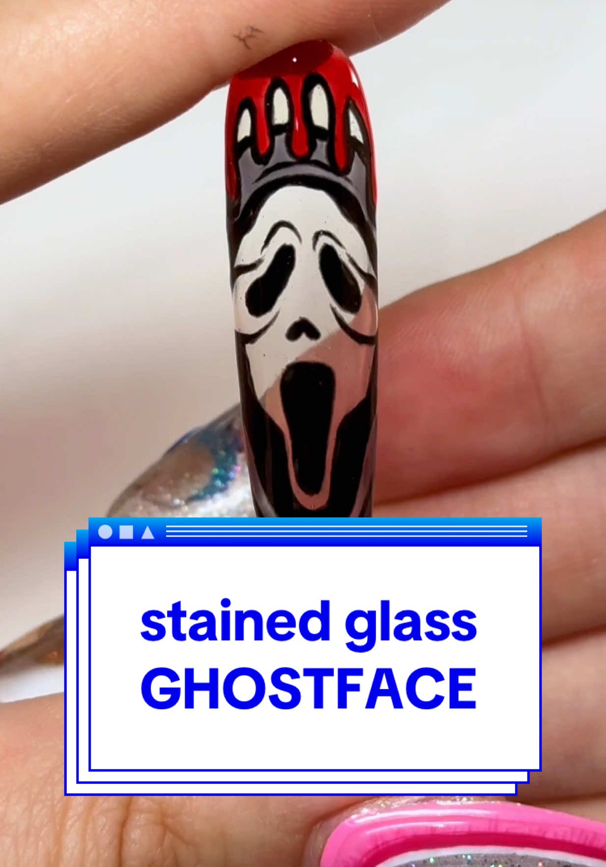A post by @ballpit_nails on TikTok caption: Couldn’t wait for Halloween, so I made this 🔪😈 Save this Ghostface tutorial for Halloween nail designs!  #halloweennails #nailarttutorial #ghostfacenails #stainedglassnails #summerween