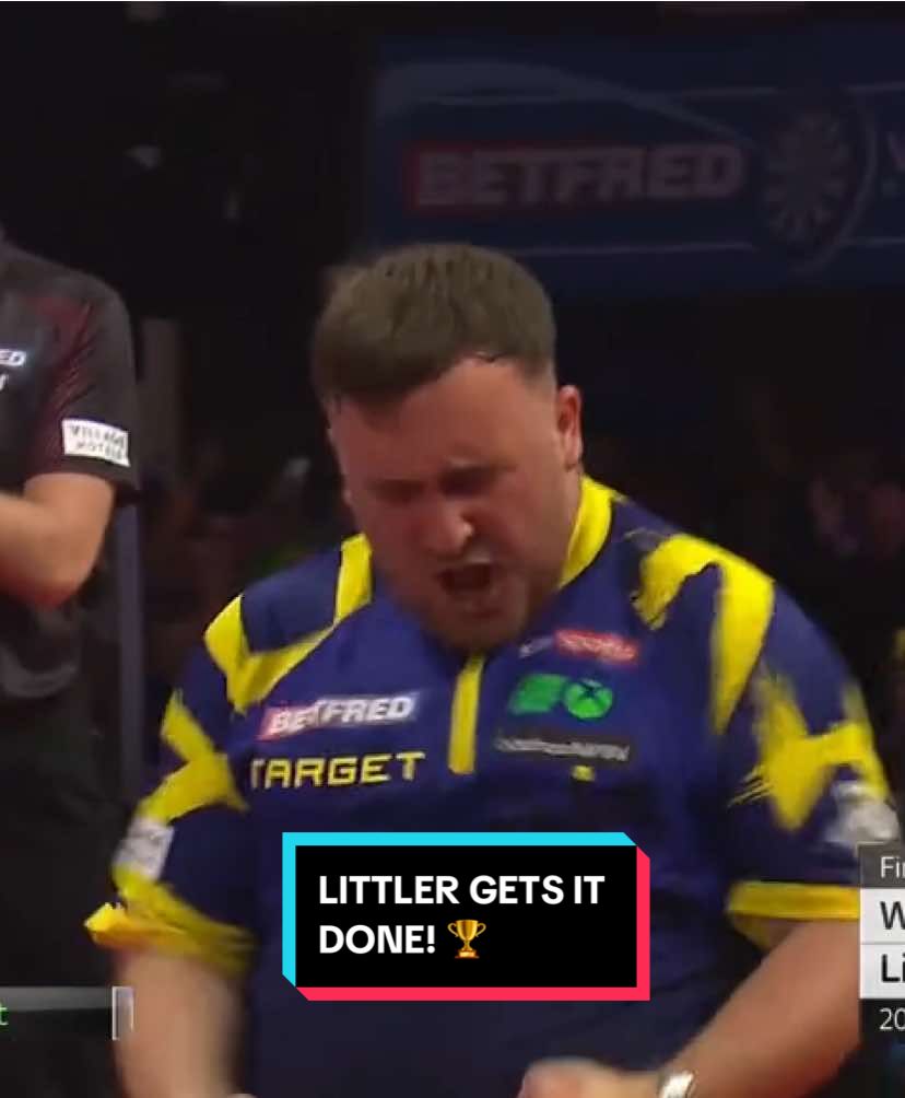 A post by @officialpdcdarts on TikTok caption: LUKE LITTLER IS THE 2025 WORLD MATCHPLAY CHAMPION! The World Champion produces a sensational display to defeat James Wade 18-13 and lift the Phil Taylor Trophy for the first time! 👏