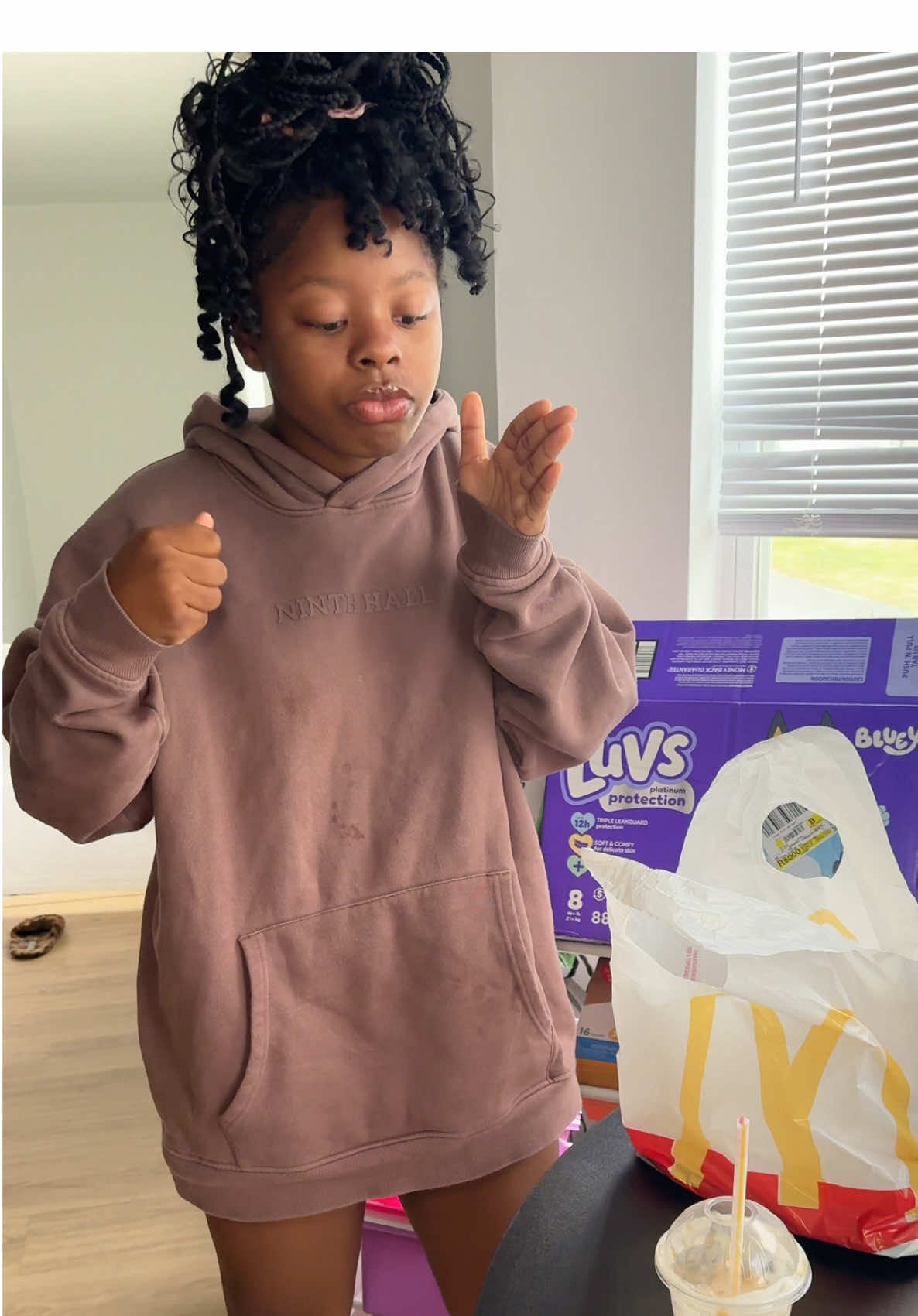 A post by @isistkeyah on TikTok caption: So Annoyed about my car and now I gotta get Demi phone fixed this is crazy 😂#fyp #isistkeyah #MomsofTikTok #demi #carproblems #carrental #breakfast #mcdonaldsbreakfast #caramelfrappe #pancakes #bacon #eggs #brokenphone #phonerepair #muffler #pitbull 