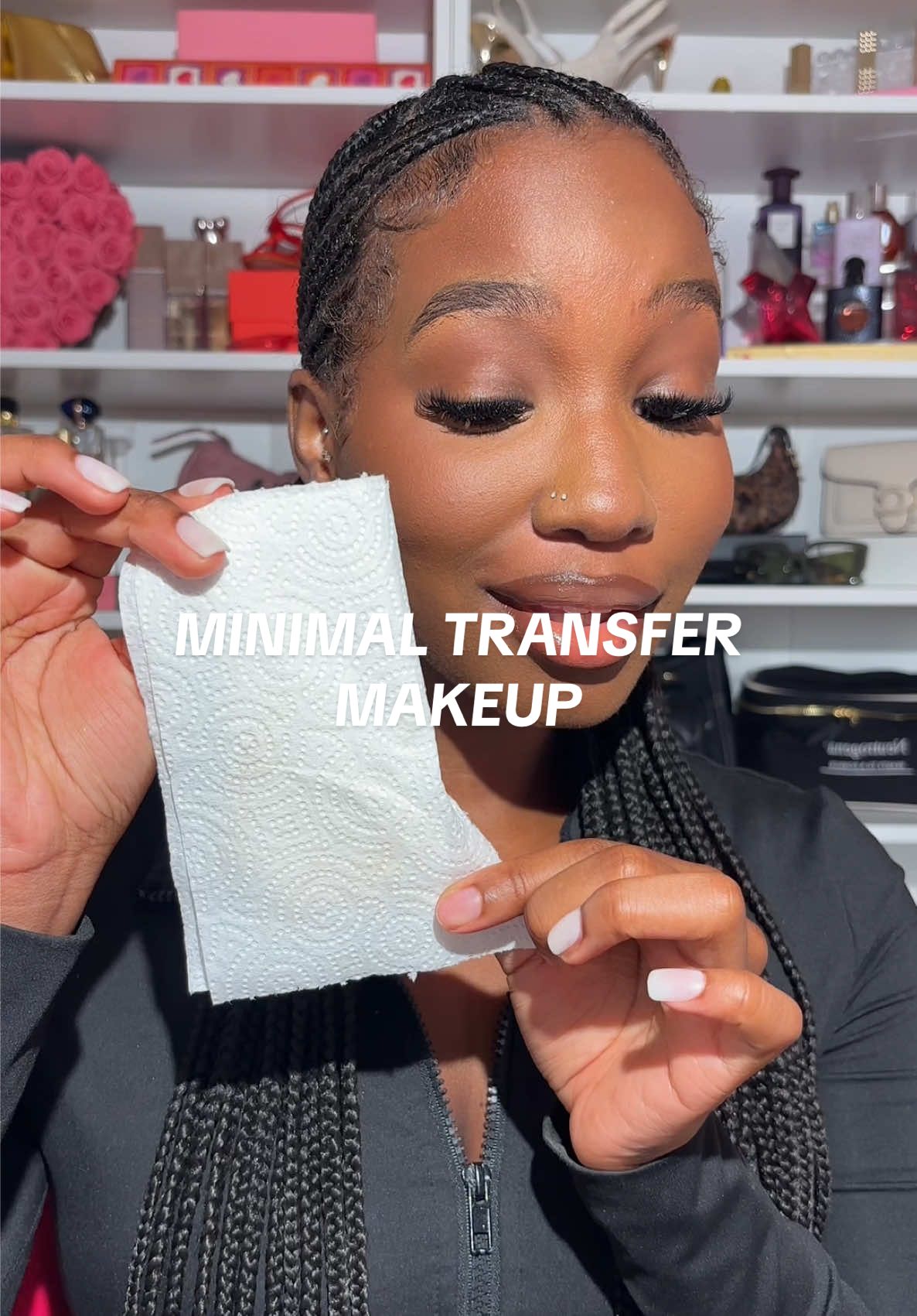 A post by @ on TikTok caption: I fear the beat is transfer proof!🤭💅🏾I fully believe minimal transfer makeup is based on the technique and product combination so let me know if y’all want the full look! Sprays: @loréal paris usa  @ONE SIZE BEAUTY #grwm #transferproof #softglan #creatorsearchinsights #blackgirlmakeup 