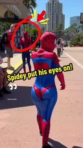 A post by @tinaexplorez on TikTok caption: Spidey put his eyes on! #onthisday #sdcc #viral #foryou #marvel #marvelstudios #spiderman 