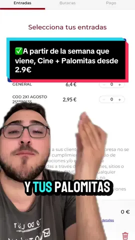 A post by @raulgb_02 on TikTok caption: ✅A partir de la semana que viene, Cine + Palomitas desde 2.9€ #cine #palomitas #entradas 