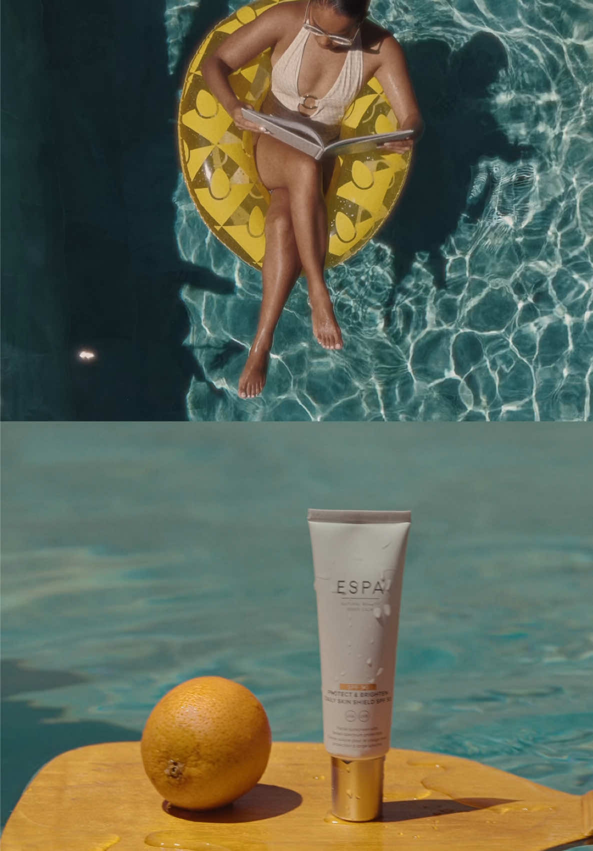 A post by @ on TikTok caption: My poolside ritual: SPF50 & no sun stress. Light on skin & heavy on protection. My holiday skin essential @ESPA Skincare ☀️🧴⛱️  #SPF50 #skincare #skinessentials #espaskincare 