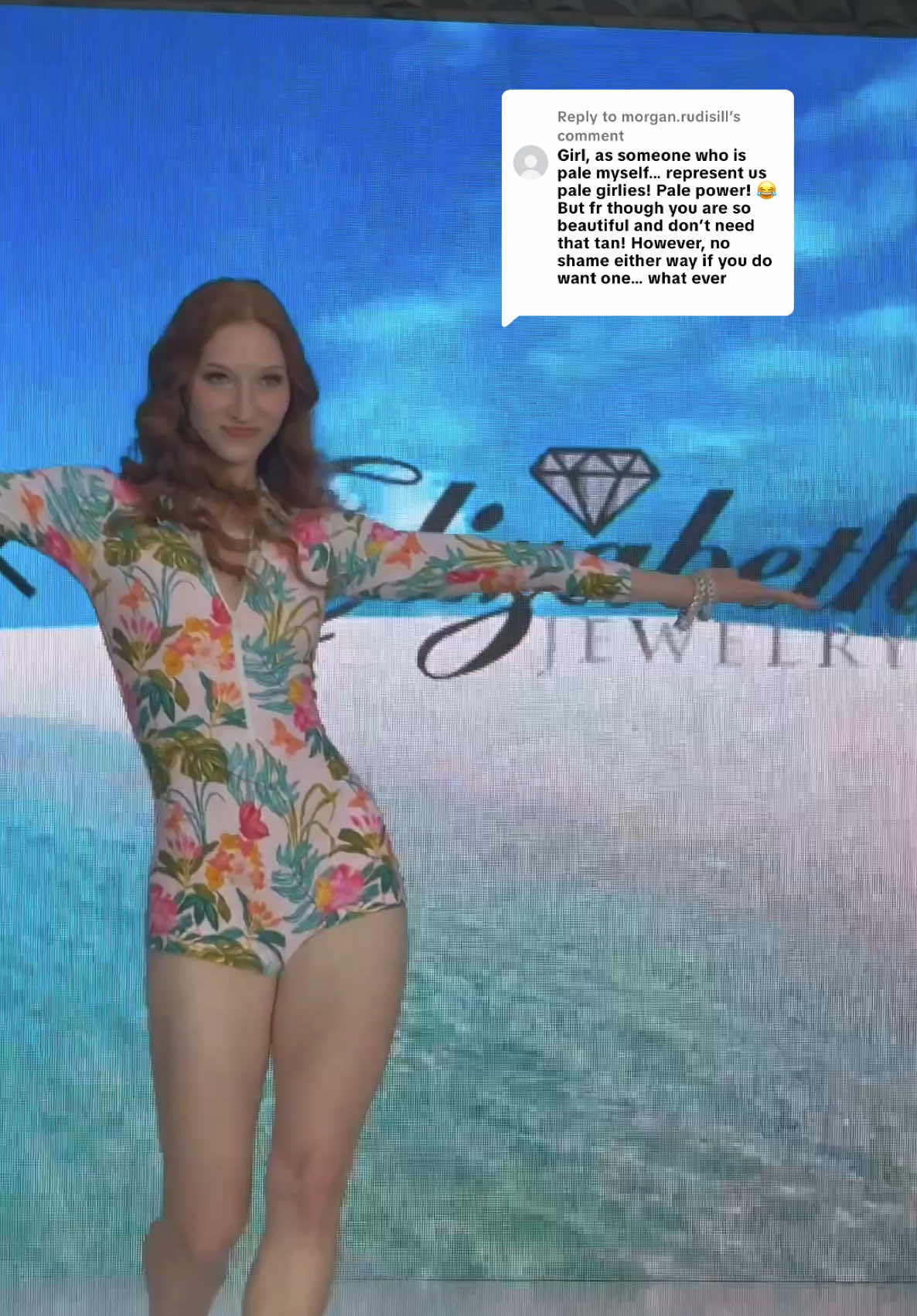 A post by @melissabecraft on TikTok caption: Replying to @morgan.rudisill I did not get the spray tan! Here’s one of my runway walks for New York Swim Week! I had so much fun. Should I post my other looks too?? #Runway #ginger #model #swimweek 