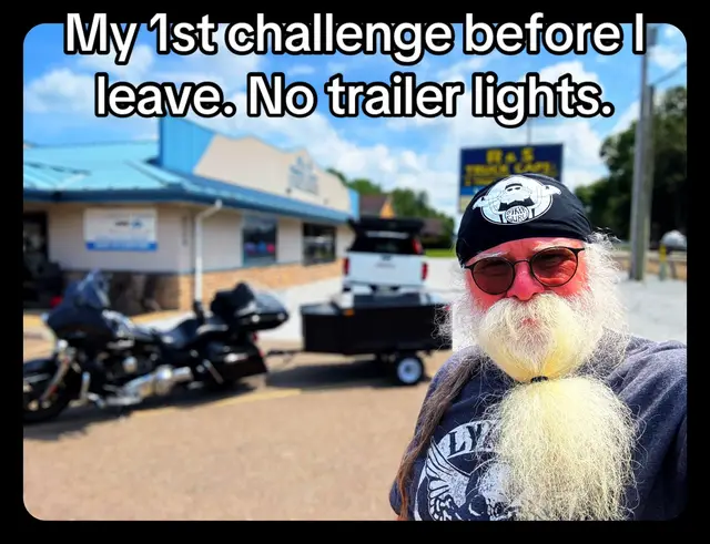 A post by @bikerguru on TikTok caption: There’s always something the day you leave for a long journey. I’m planning to ride all through the night and it turns out my electrical trailer harness went bad.. #bikerguru #bikertok #bikersoftiktok #veteranbikers #sturgisrally 