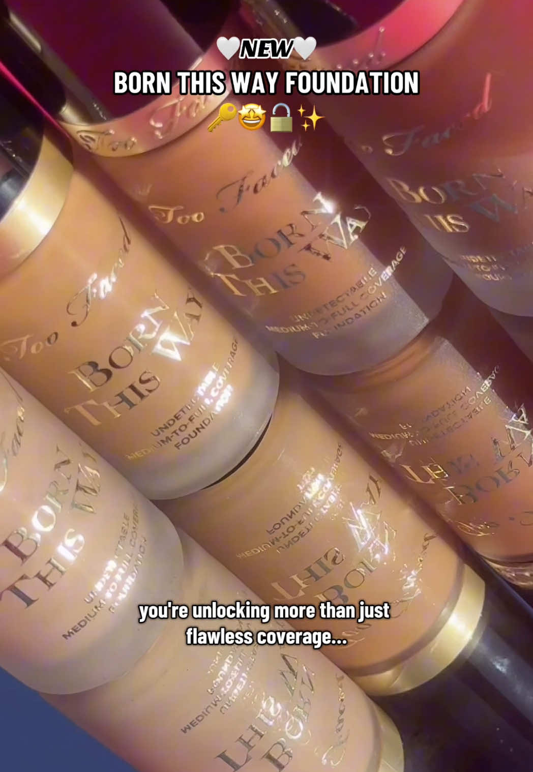 A post by @toofaced on TikTok caption: Perfect your complexion with flawless undetectable coverage with our NEW Born This Way Foundation! 🥰 💫 Oil-free, non-comedogenic, and packed with skincare heroes like hyaluronic acid, vitamin E and glycerin, this formula keeps your skin looking fresh, smooth, and radiant for 24 hours straight! 💖 Shop the new foundation now from TikTok Shop! ✨ #toofaced #tfcrueltyfree #tfbornthisway  